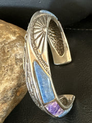 Men's Purple Stone Lapis Navajo Tufa Cast Cuff Bracelet | Sterling Silver | Authentic Native American Handmade | 18146