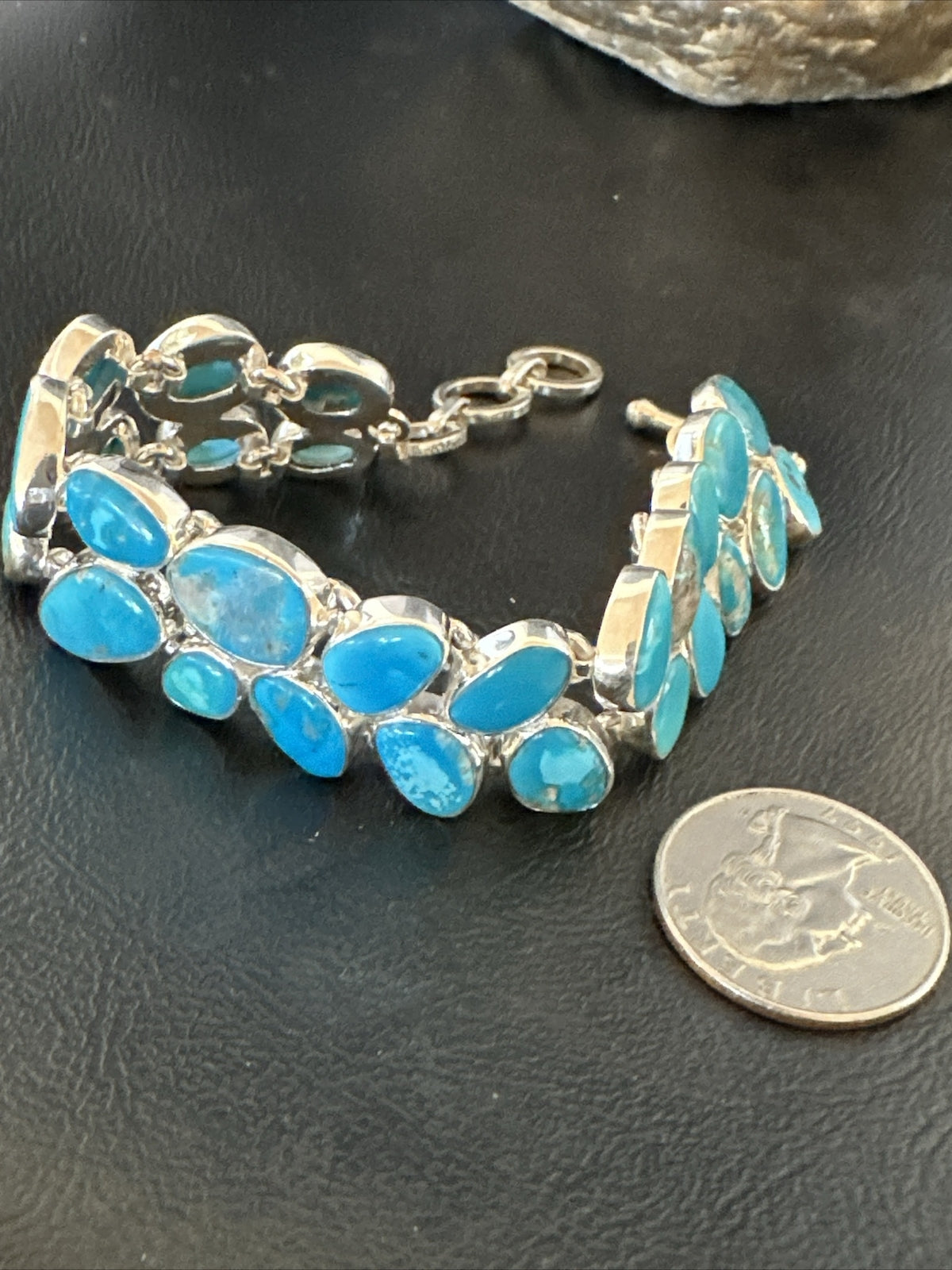 WoMen Blue Kingman Turquoise Sterling Silver Southwestern Link Bracelet 17974