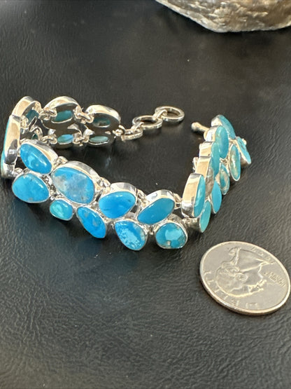 WoMen Blue Kingman Turquoise Sterling Silver Southwestern Link Bracelet 17974