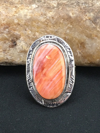 Orange Spiny Oyster Southwestern Sterling Silver Ring Size 7.75 04888
