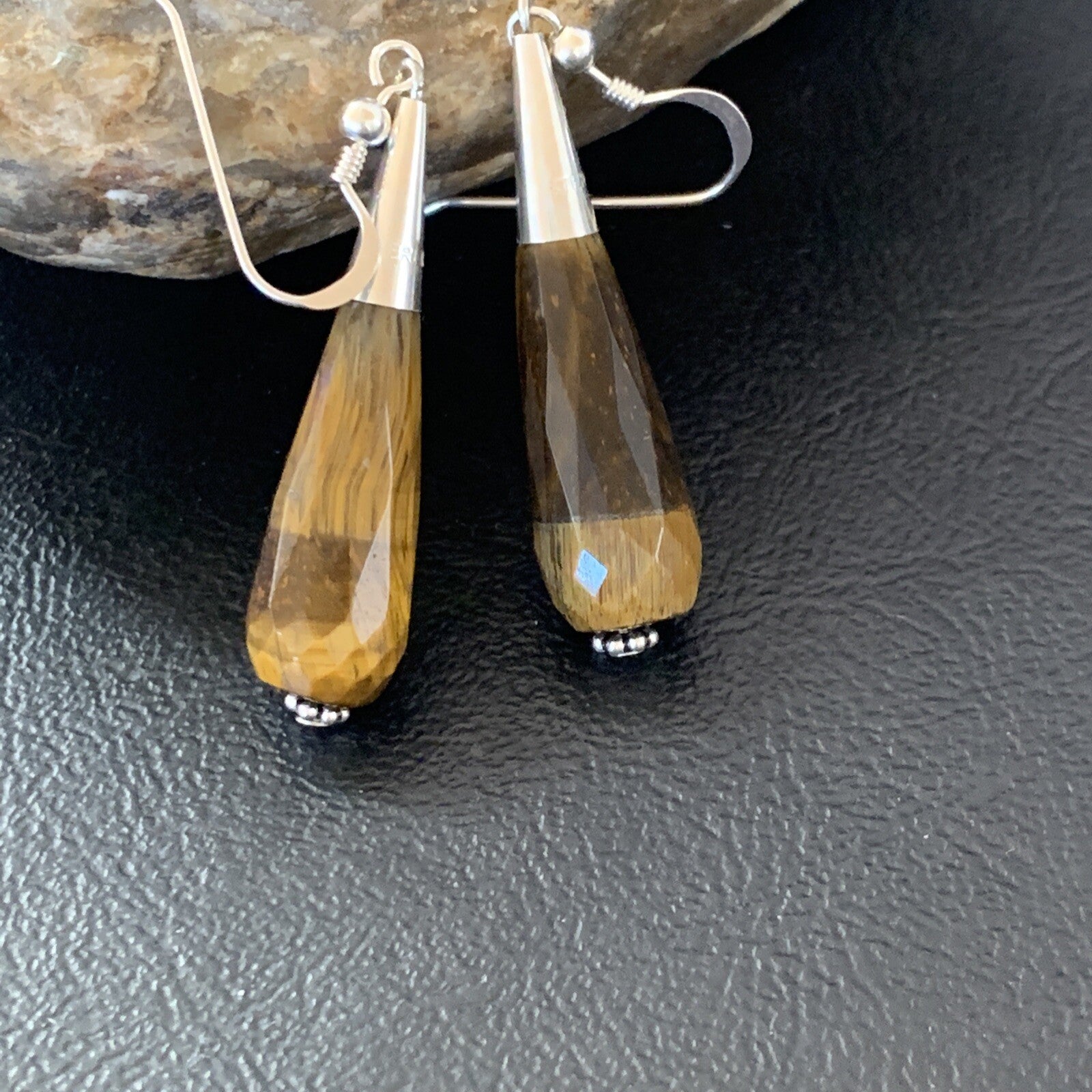 Coffee Tiger's Eye Navajo Sterling Silver Dangle Drop Bead Earrings 1.5" 11715