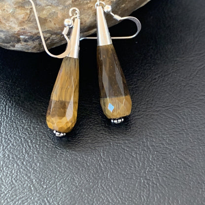 Coffee Tiger's Eye Navajo Sterling Silver Dangle Drop Bead Earrings 1.5" 11715