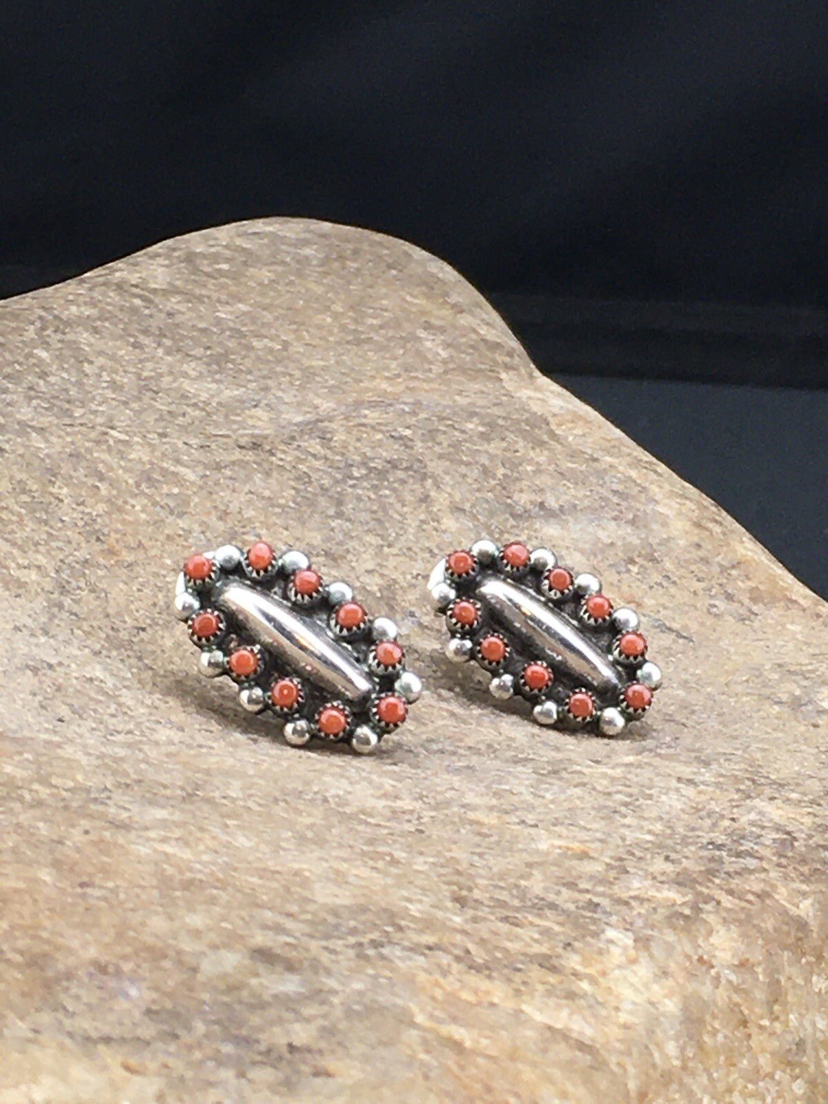Red Coral Zuni Cluster Sterling Silver Earrings 0.75" 01094