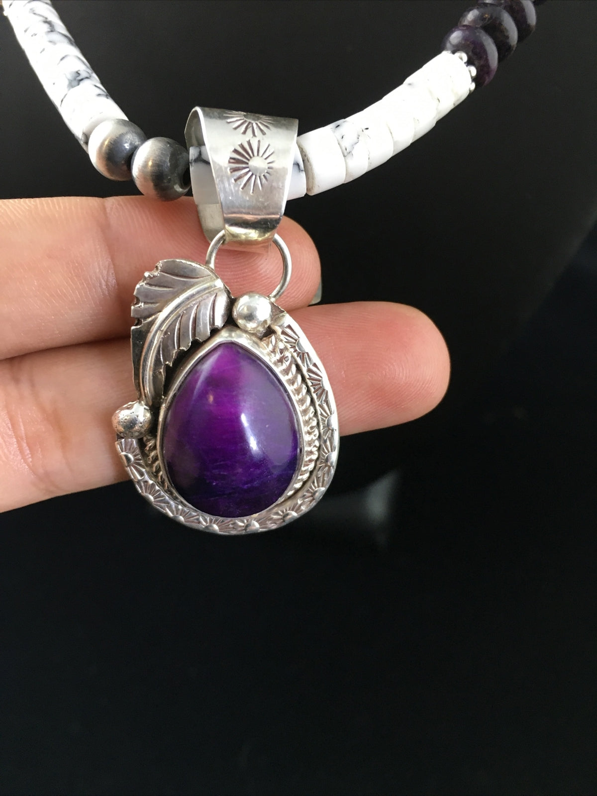 Native  Purple Stone & Howlite Bead Navajo Sterling Silver Necklace 04607
