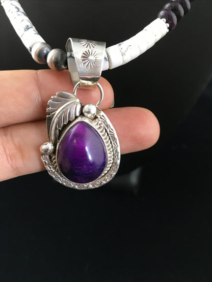 Native  Purple Stone & Howlite Bead Navajo Sterling Silver Necklace 04607