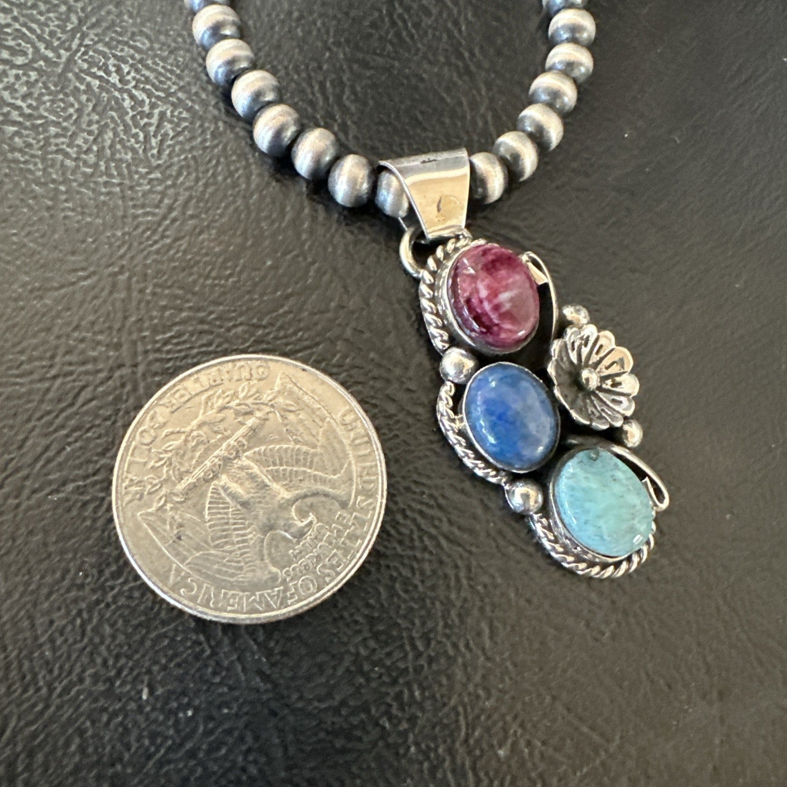 Multicolor Turquoise Spiny Navajo Sterling Silver Cluster Pendant Necklace 19312