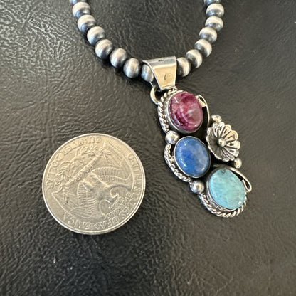 Multicolor Turquoise Spiny Navajo Sterling Silver Cluster Pendant Necklace 19312