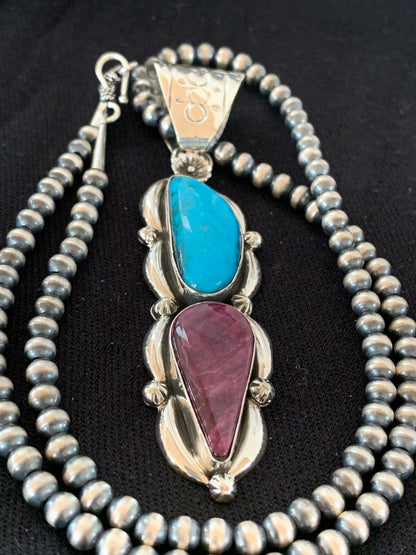 Kingman Turquoise & Spiny Oyster Pendant Navajo Sterling Silver Necklace 04576