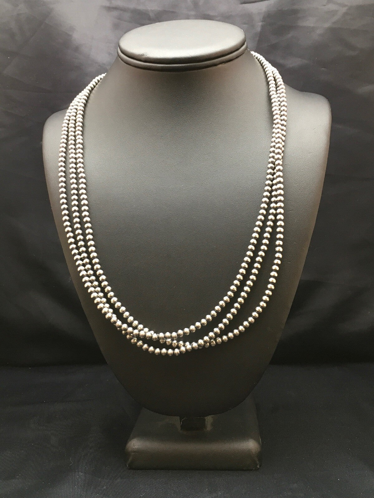 Native American Sterling Silver Navajo 4mm Bead 3 Strand 21" Necklace