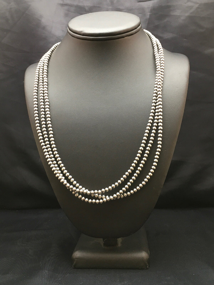 Native American Sterling Silver Navajo 4mm Bead 3 Strand 21" Necklace
