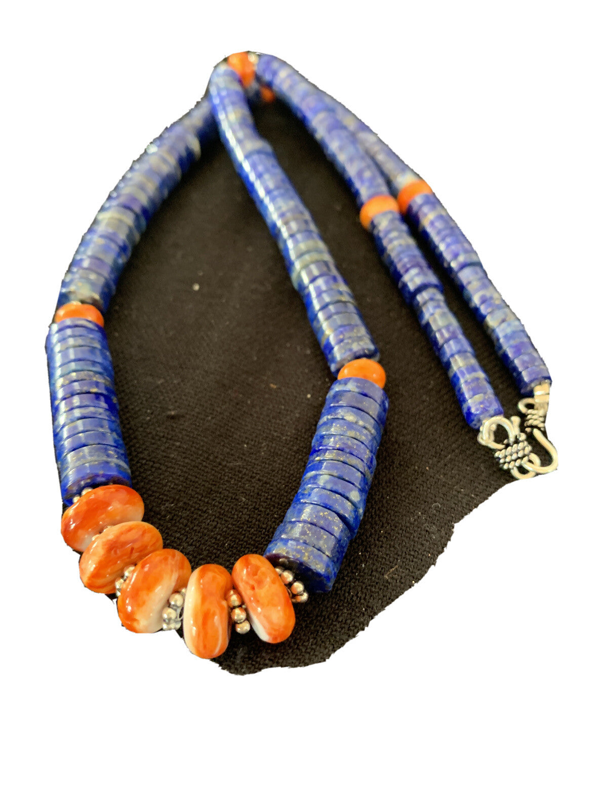 Mens Navajo Sterling Silver Navy Blue Lapis Orange Spiny Oyster Necklace 00929