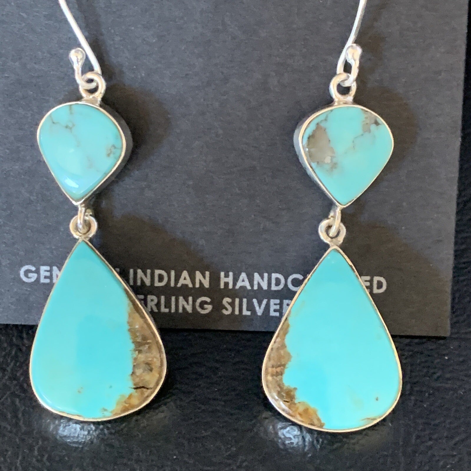 Kingman Turquoise Handmade Navajo Sterling Silver Dangle Earrings 13899