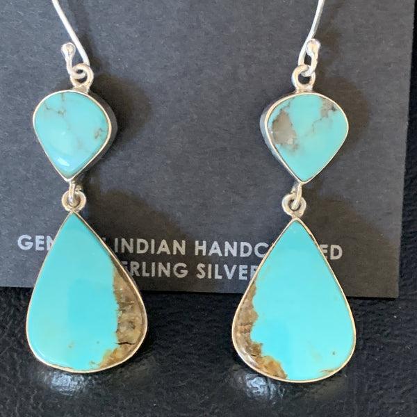 Kingman Turquoise Handmade Navajo Dangle Earrings | Sterling Silver | Authentic Native American Handmade | 13899