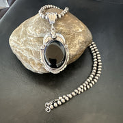 Men's Women's Black Onyx Pendant Navajo Beads Necklace | Sterling Silver | Authentic Native American Handmade | 18307