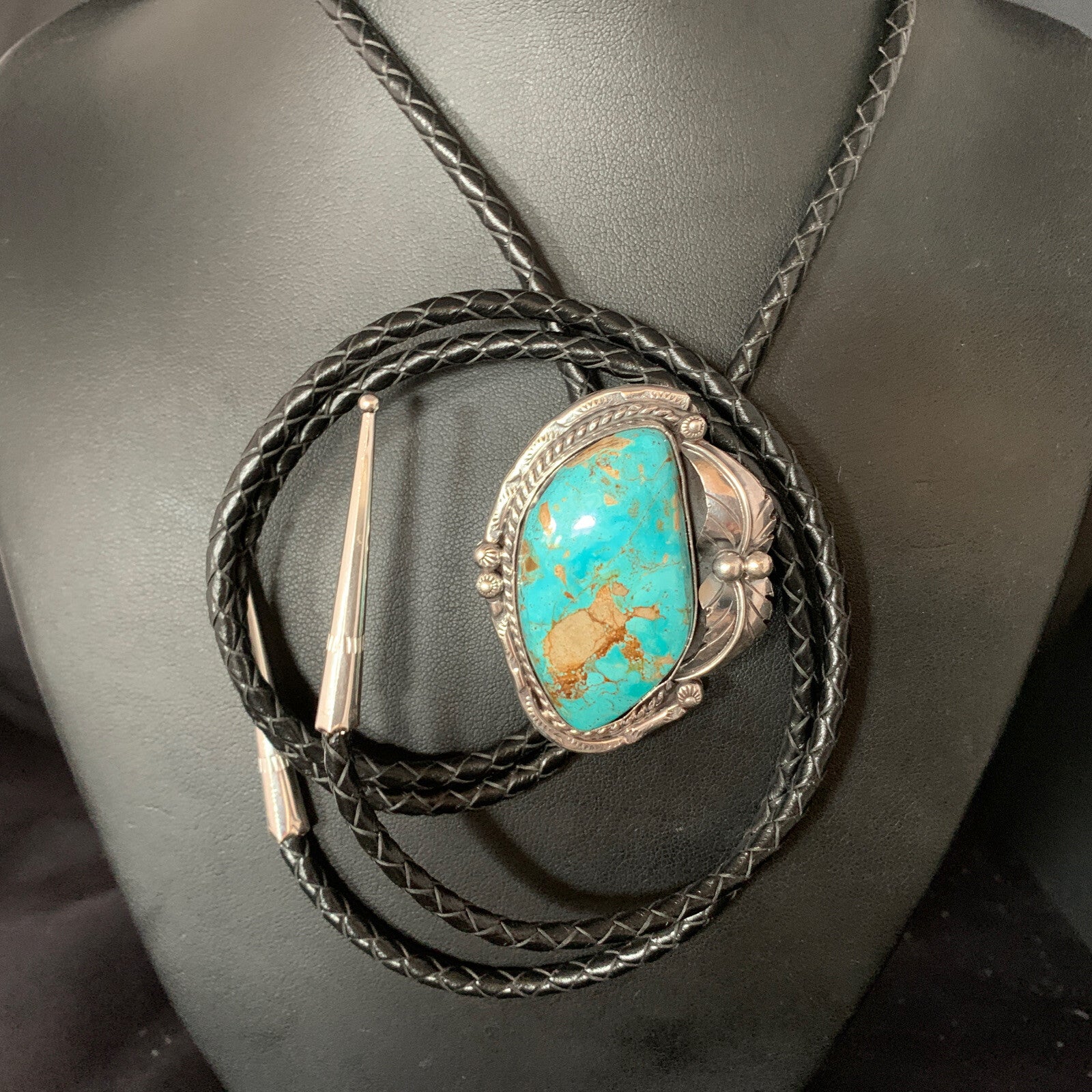 Native Mens Bolo Tie Blue Royston Turquoise Sterling Silver Navajo 14111N