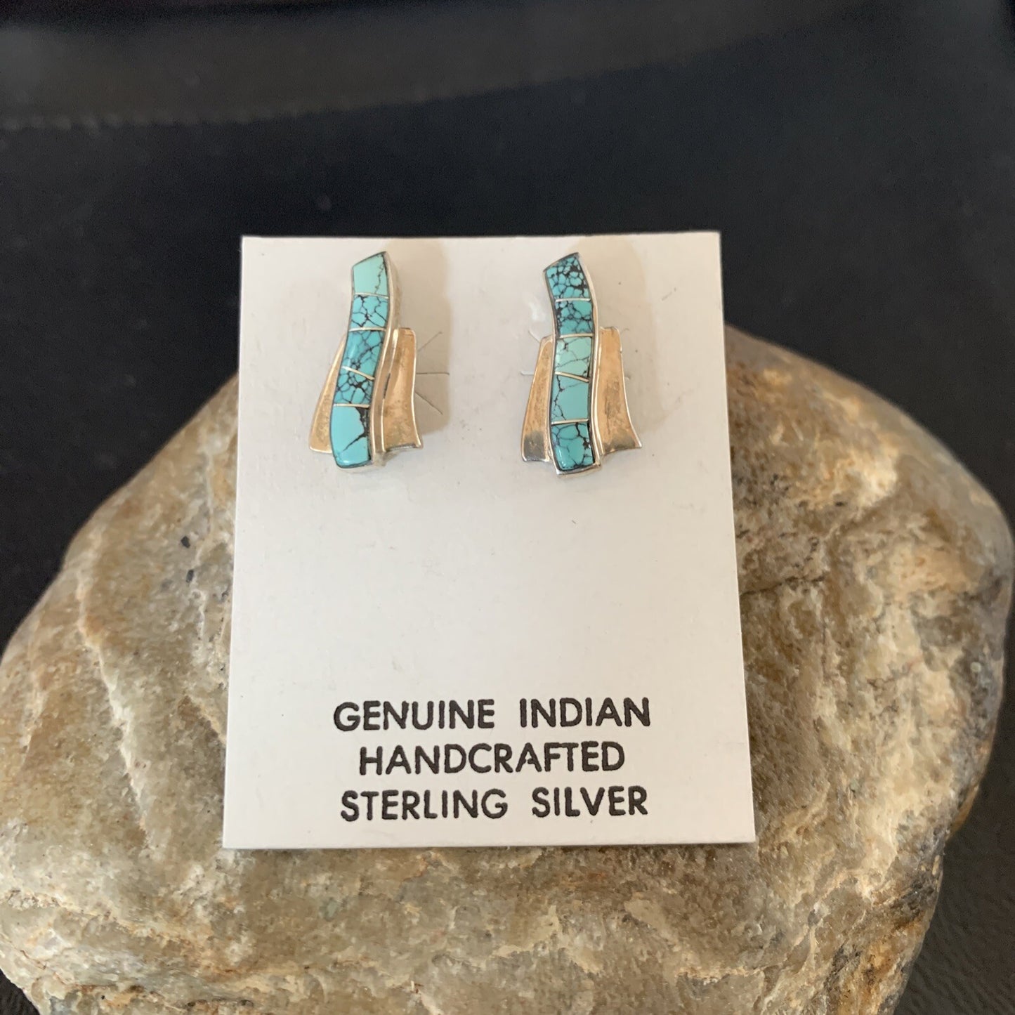 Womens Blue Spider Web Turquoise Navajo Sterling Silver Inlay Earrings 12899
