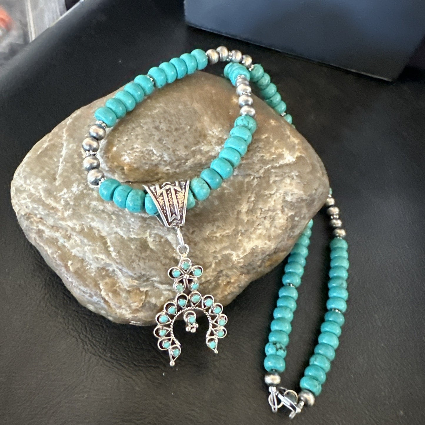 Naja Blue Turquoise Cluster Zuni Pendant Sterling Silver Necklace 20" 19716