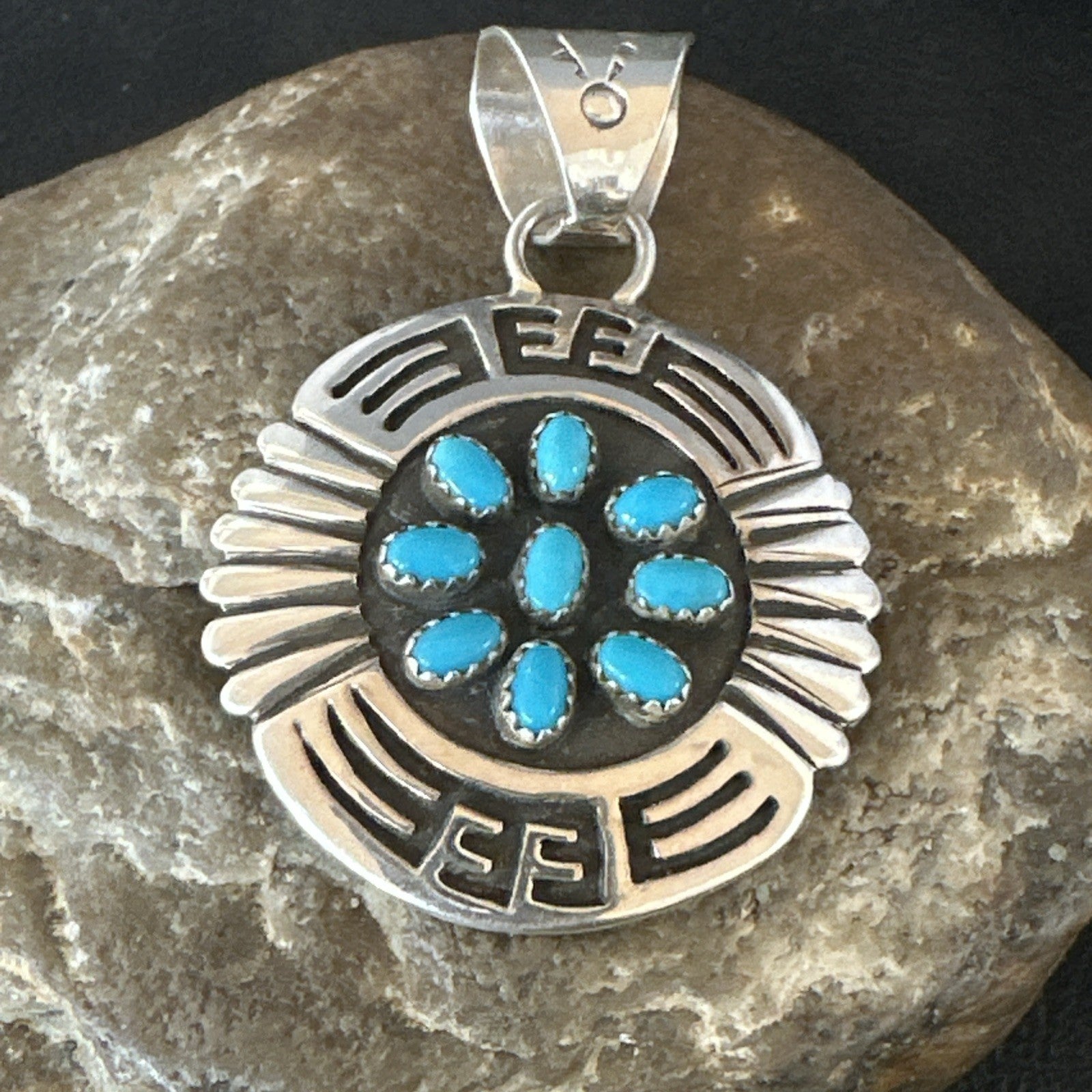 Blue Kingman Turquoise Navajo Sterling Silver Cluster Pendant 2"19285