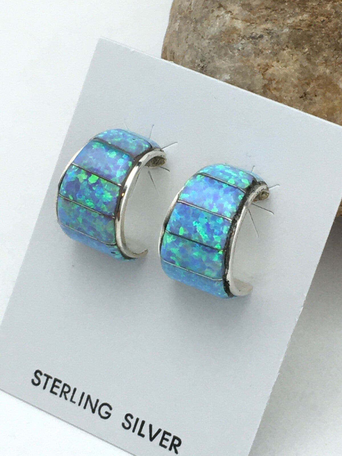 Native American Blue Opal Navajo Sterling Silver Earrings 0.5” 4740