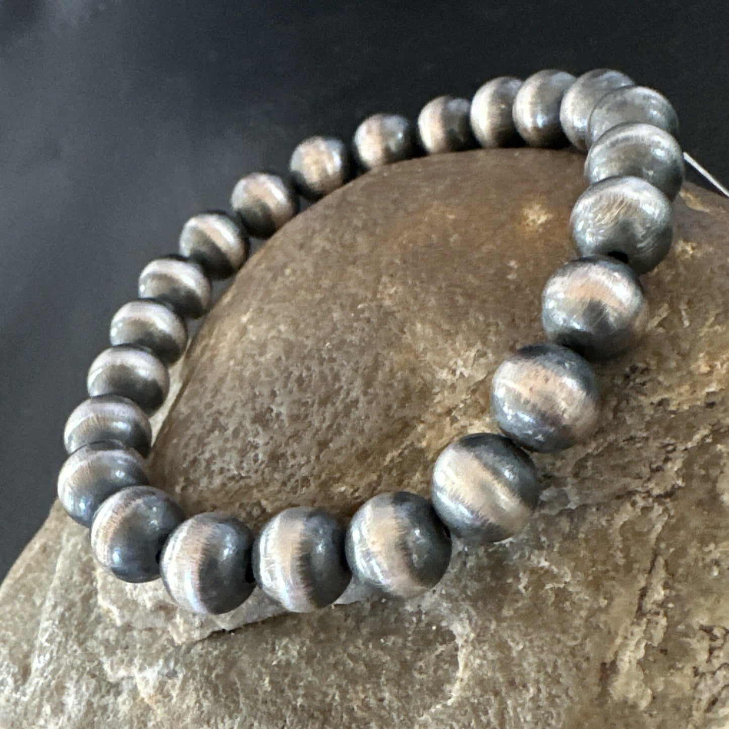Native American Navajo 8mm Beads 7”Sterling Silver Stretch Bracelet 99087