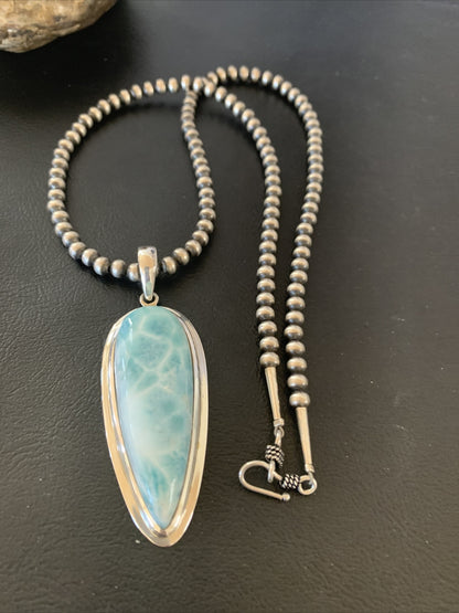 Womens Blue Larimar Pendant Navajo Sterling Silver Beads Necklace 01766