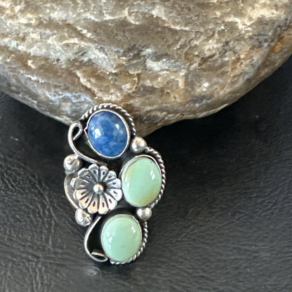 Yazzie Ring Green Turquoise Lapis Navajo Sterling Silver Cluster Size 8 19224