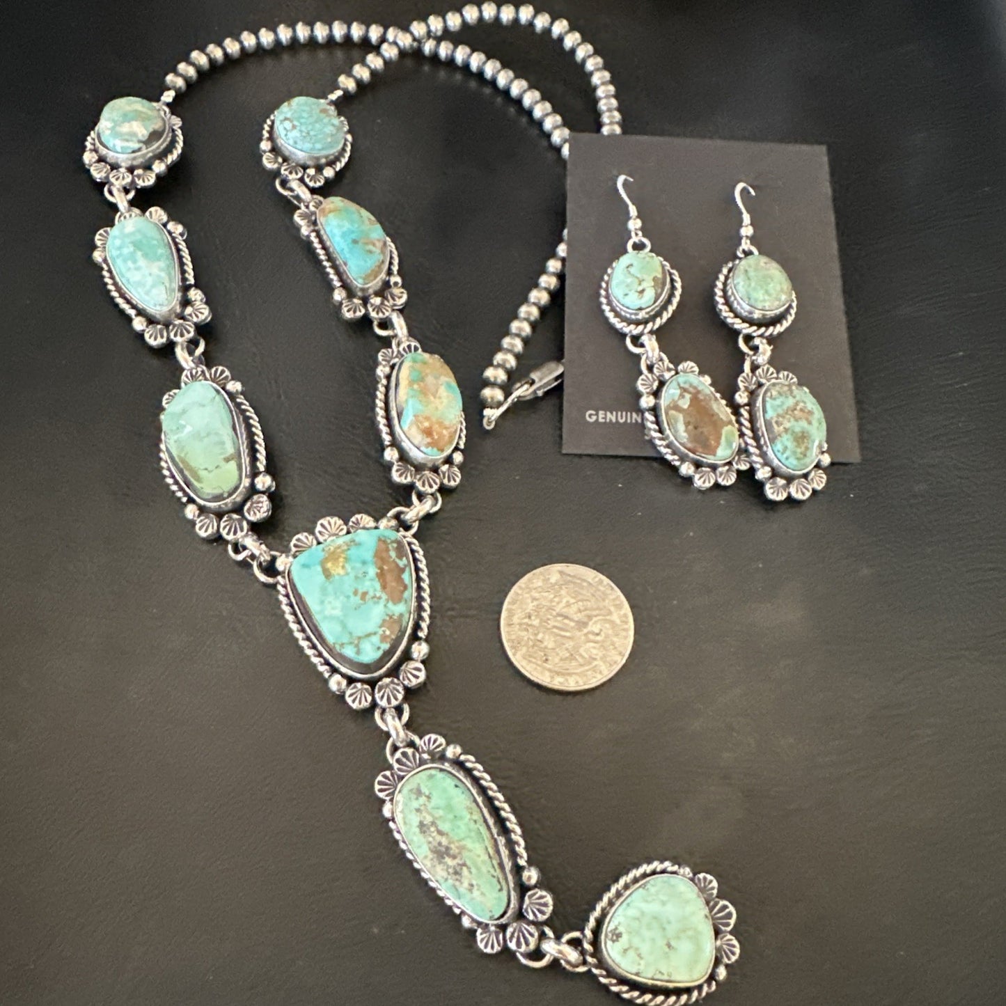 Sterling ROYSTON LARIAT Necklace 26” Women Navajo Turquoise Silver Earring 19598