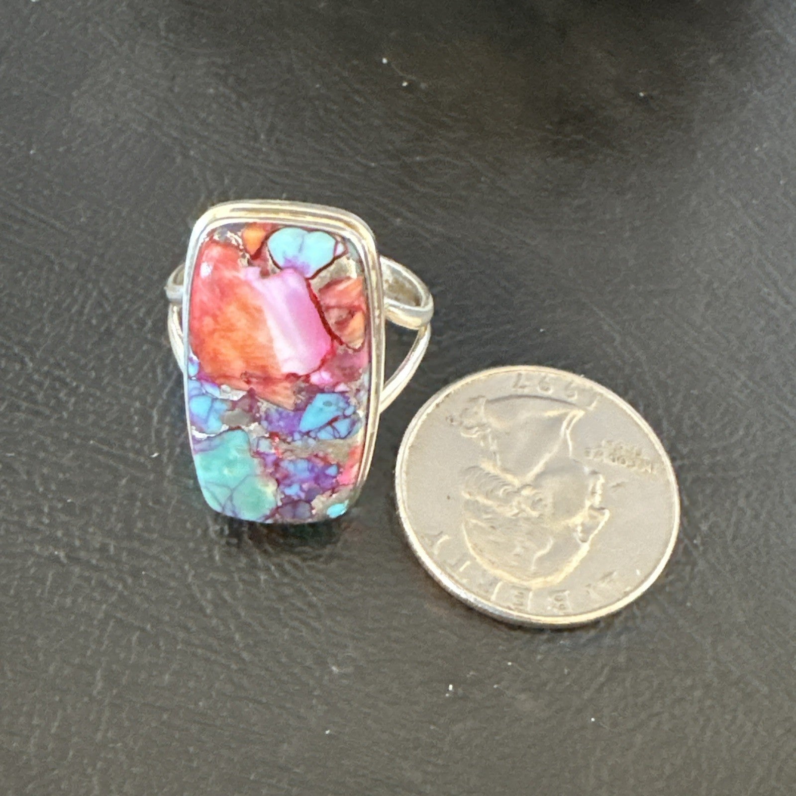 Blue Turquoise Spiny Oyster Southwestern Sterling Silver Ring Size 11 19058