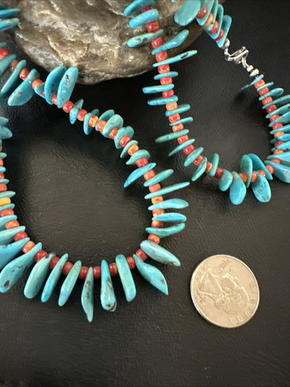 Blue Turquoise Red Spiny Oyster Navajo Pearls Sterling Silver Necklace 21" 19318