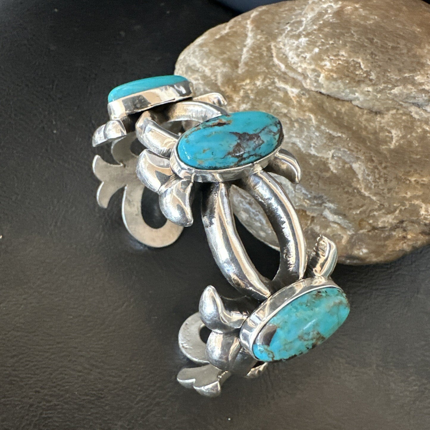 Tufa Cast Blue Turquoise 3 Stone Navajo Sterling Silver Cuff Bracelet 18572