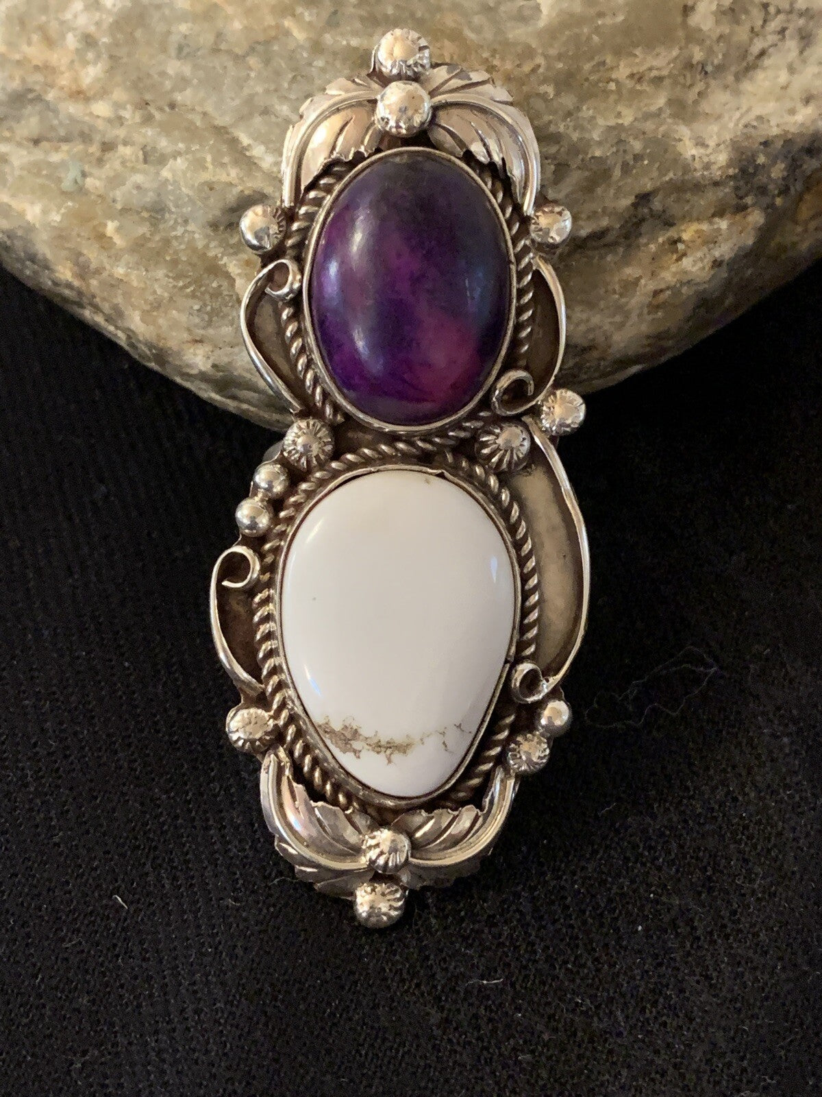 Southwestern Sterling Silver White Buffalo Purple Stone Ring Sz 8.5 00399