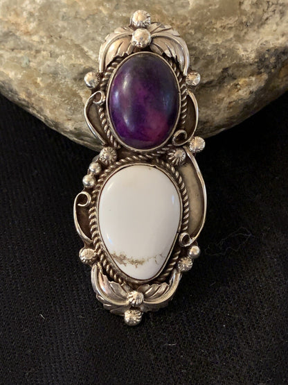 Southwestern Sterling Silver White Buffalo Purple Stone Ring Sz 8.5 00399