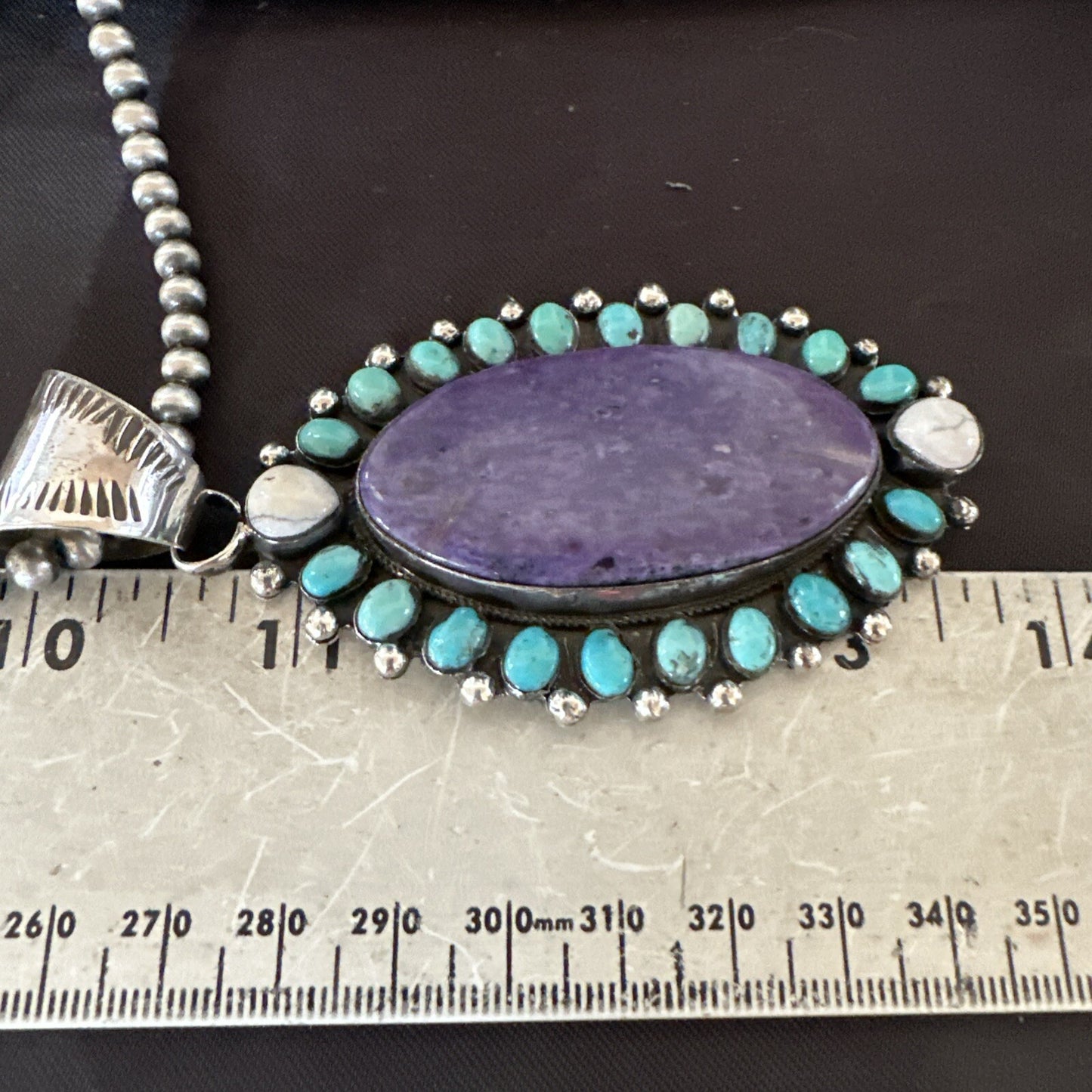 Purple Charoite Turquoise Navajo Sterling Silver Cluster Pendant 3.75" 18651