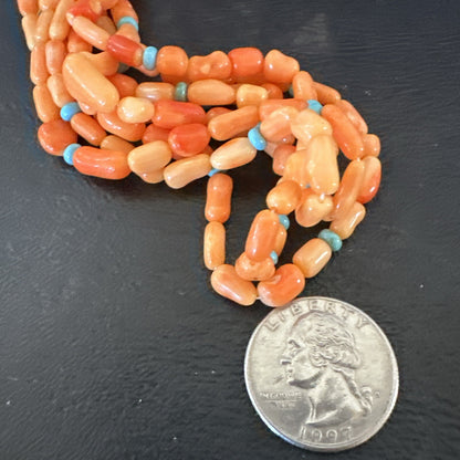 Native Turquoise Orange Coral Sterling Silver 4 Strand Necklace 21" 17820