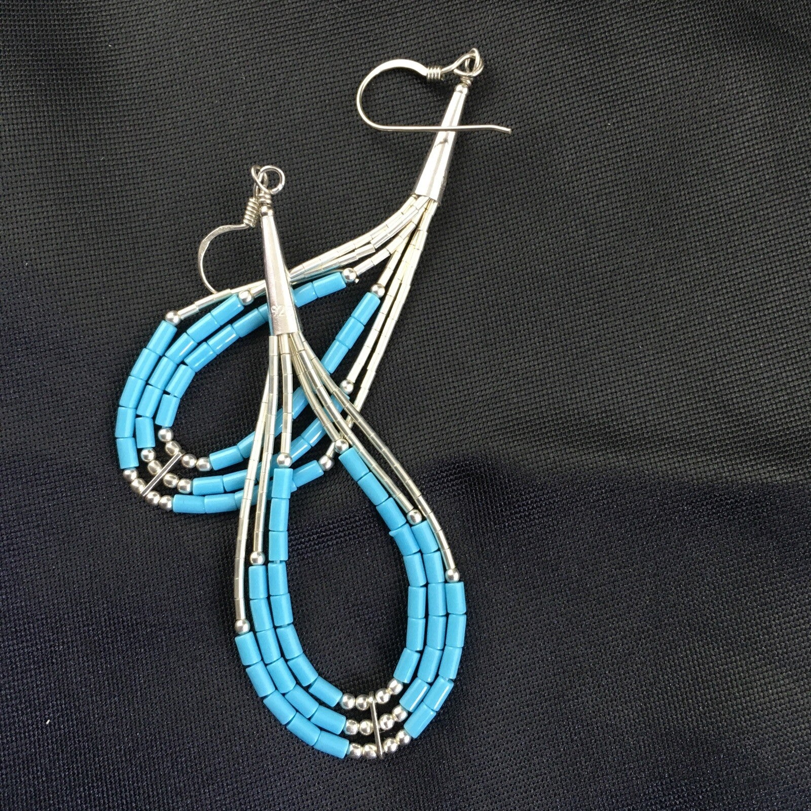 Native Turquoise Heishi Tube Liquid Sterling Silver Dangle Earrings 2" 08875