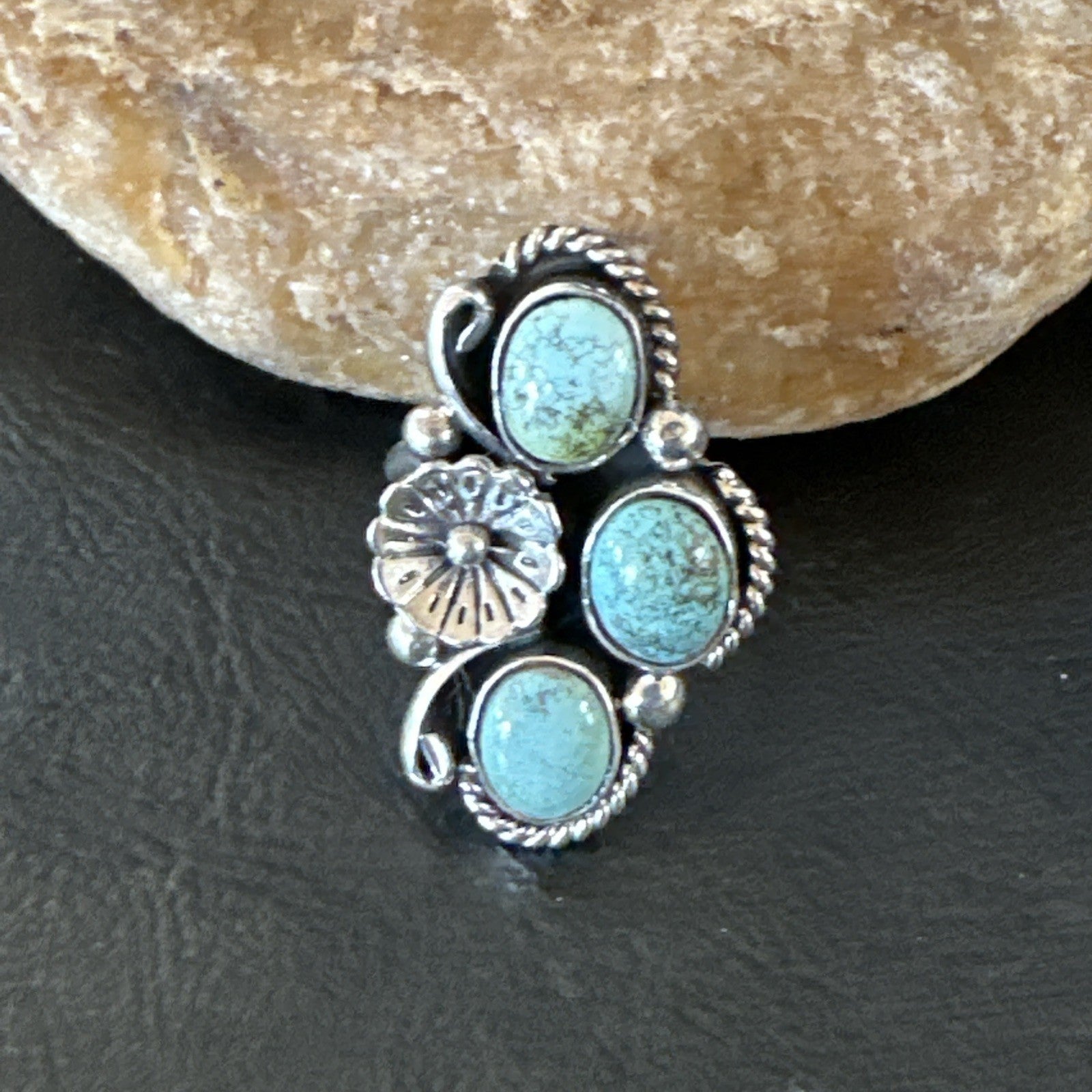 Yazzie Ring Blue Turquoise Navajo Sterling Silver Cluster Size 8 19219