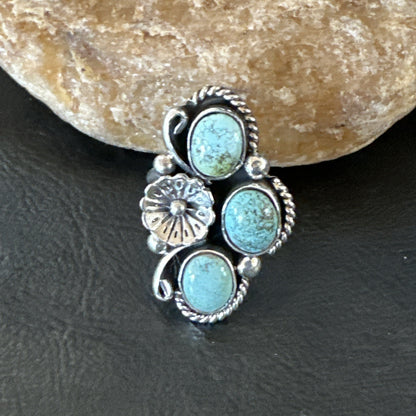 Yazzie Ring Blue Turquoise Navajo Sterling Silver Cluster Size 8 19219