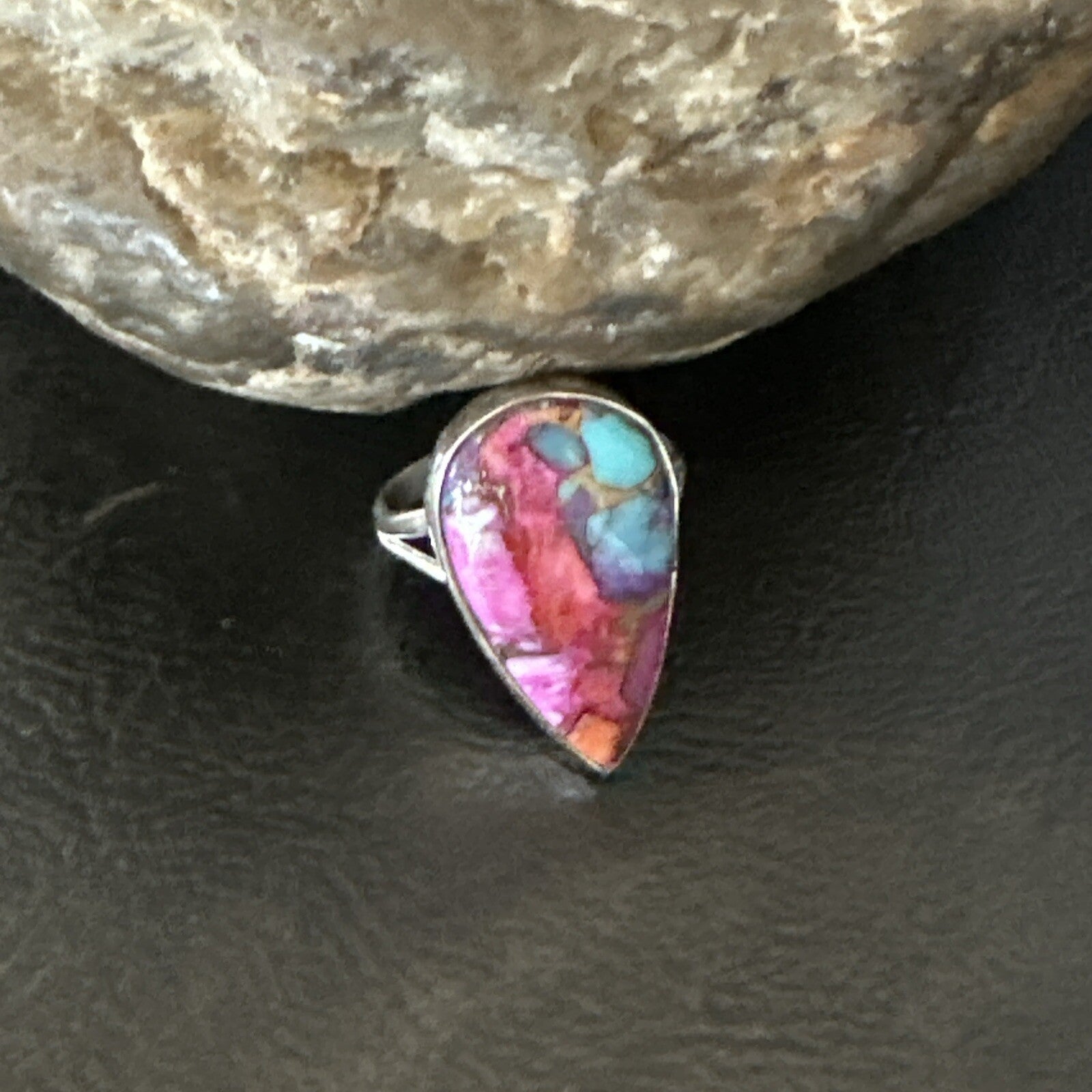 Blue Turquoise Spiny Oyster Southwestern Sterling Silver Ring Size 7 18423