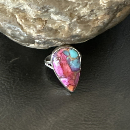 Blue Turquoise Spiny Oyster Southwestern Sterling Silver Ring Size 7 18423