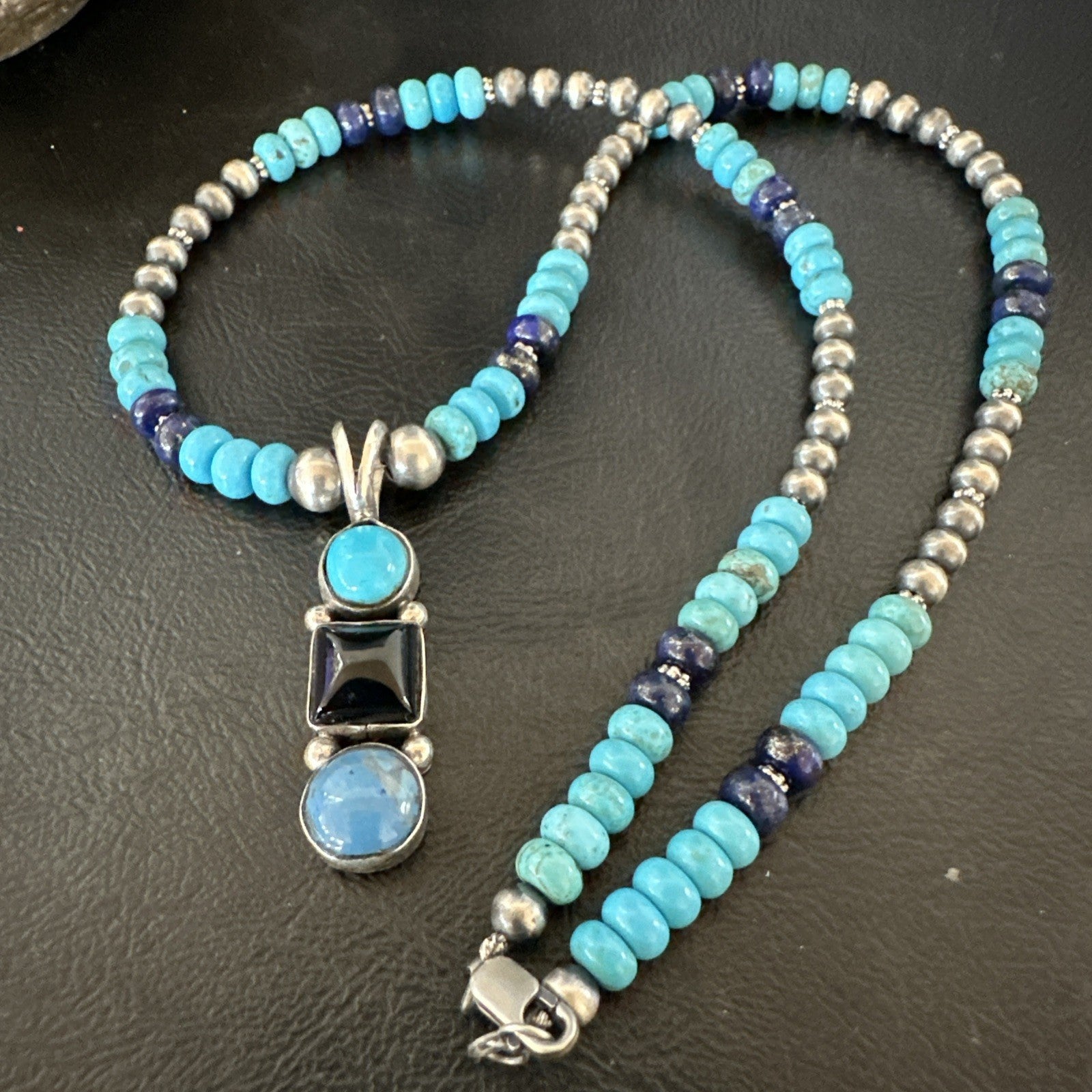 Blue Turquoise Lapis Onyx Pendant Navajo Sterling Silver Necklace 19550