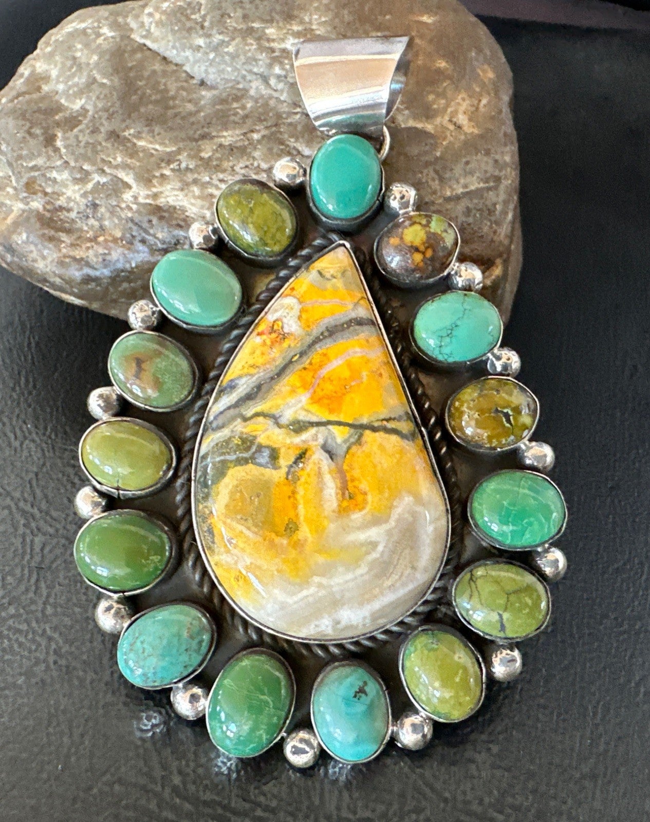 Navajo Bumblebee Jasper Green Turquoise Sterling Silver Necklace Pendant 19441