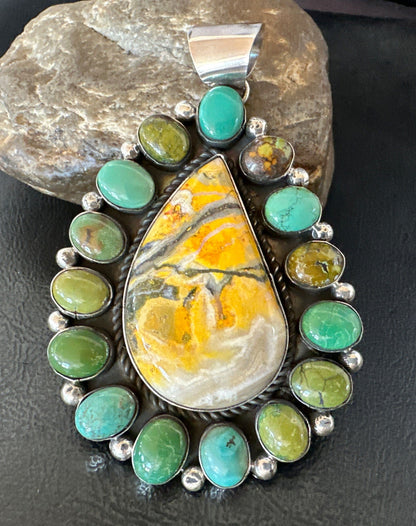 Navajo Bumblebee Jasper Green Turquoise Sterling Silver Necklace Pendant 19441