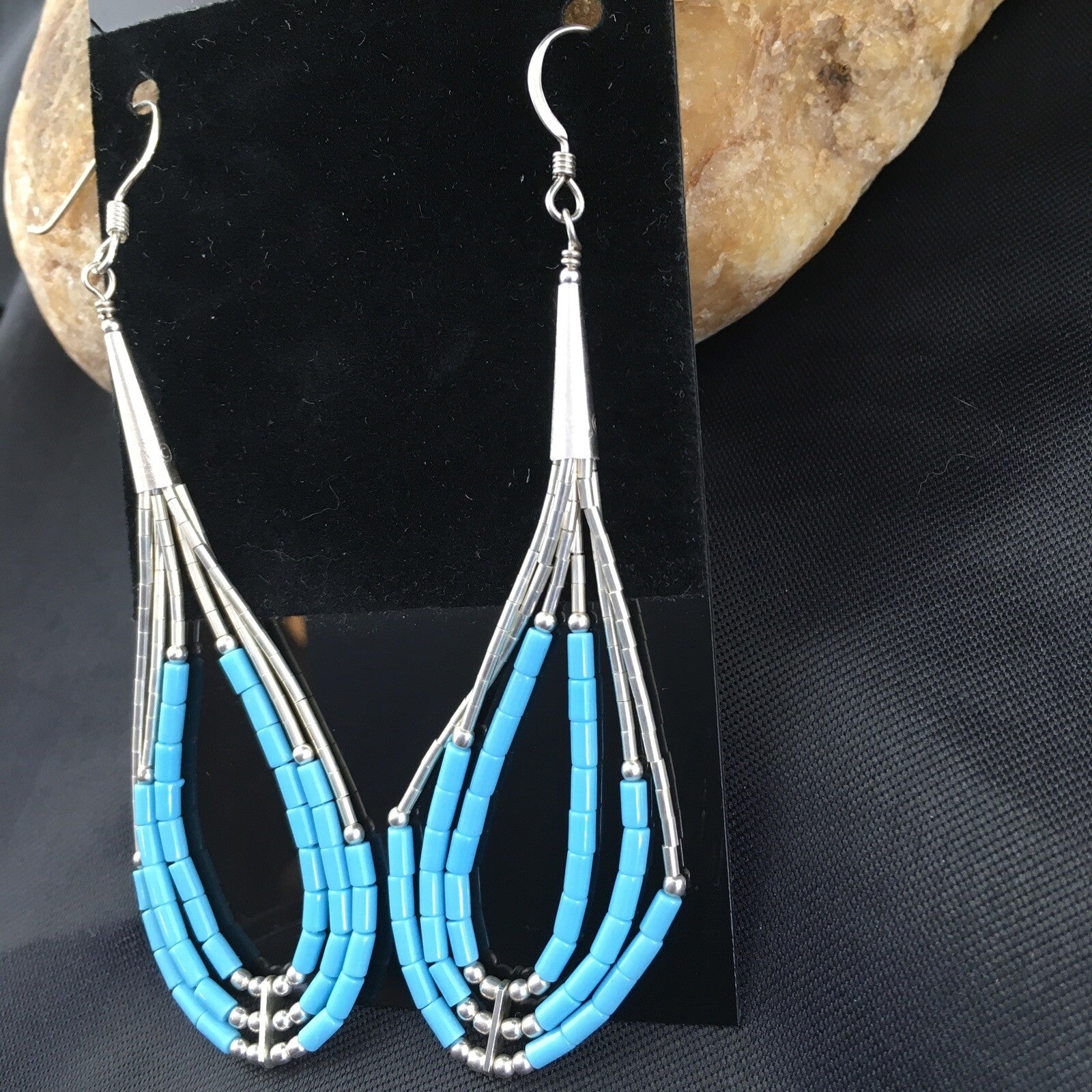 Native Turquoise Heishi Tube Liquid Sterling Silver Dangle Earrings 2" 08875