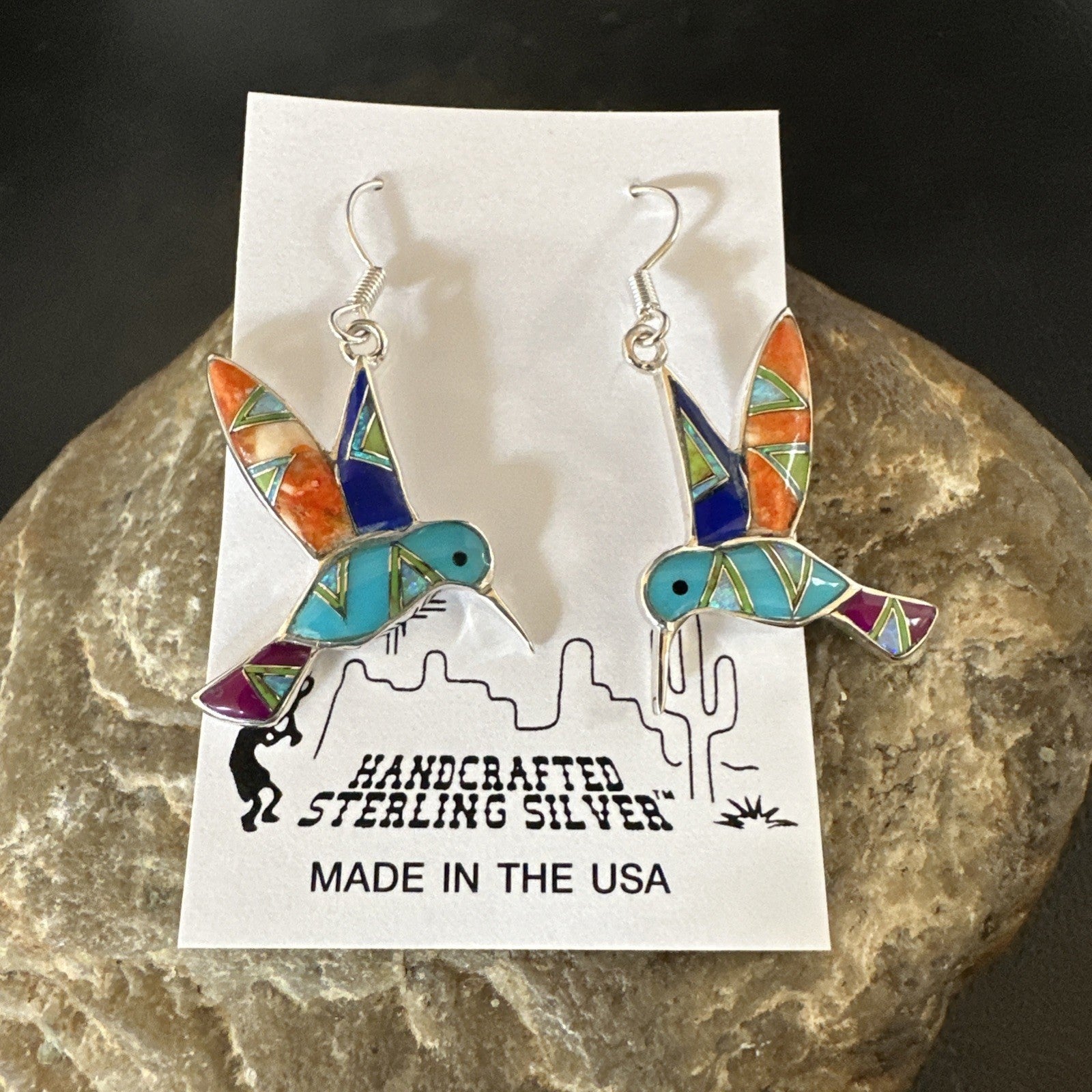 Blue Turquoise Spiny Opal Sterling Silver Hummingbird Dangle Earrings 19132
