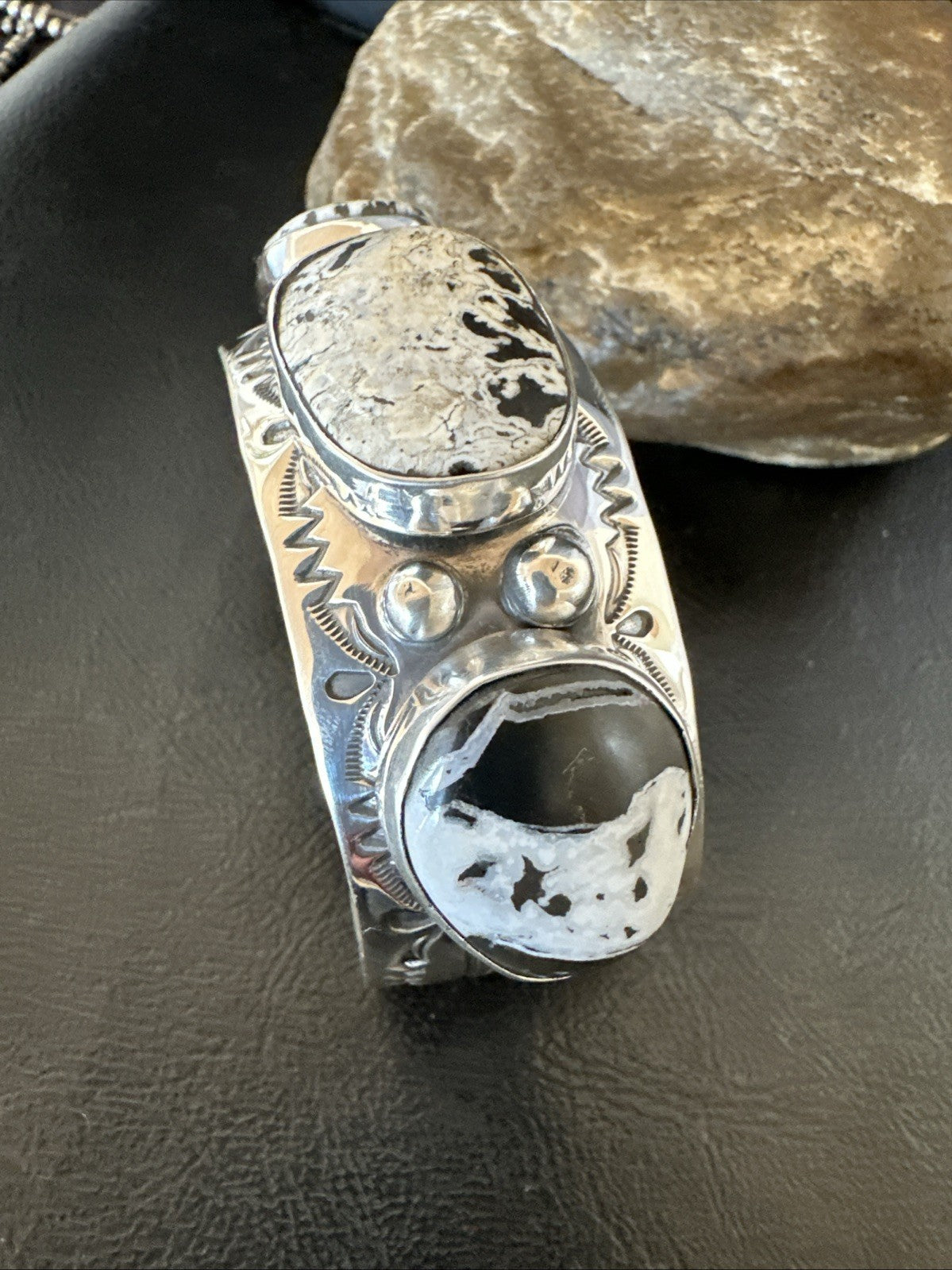 Mens White Buffalo Turquoise Navajo Sterling Silver Cuff Bracelet 7.5" 19428