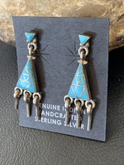 Blue Turquoise Inlay Zuni Sterling Silver Dangle Post Earrings 1.5" 12745