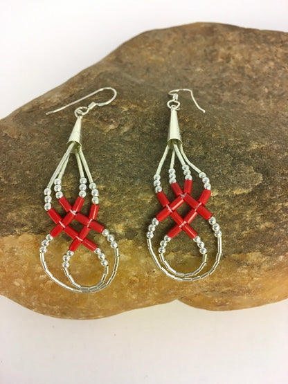 Native Red Coral Heishi Tube Liquid Sterling Silver Dangle Earrings 2" 08877