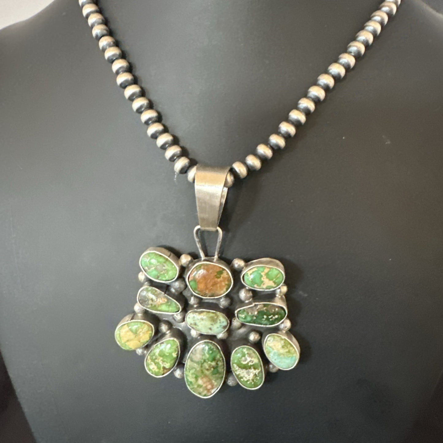 Green Sonoran Gold Turquoise Navajo Sterling Silver Cluster Pendant 19300