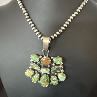 Green Sonoran Gold Turquoise Navajo Sterling Silver Cluster Pendant 19300