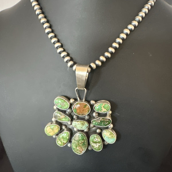 Green Sonoran Gold Turquoise Navajo Cluster Pendant | Sterling Silver | Authentic Native American Handmade | 19300